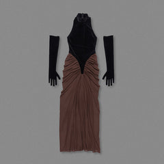 High-Neck Velvet & Ruched Midi Gown with Opera Gloves