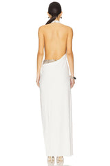 White Halter Backless Embellished Slit Maxi Gown