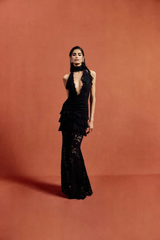 Black Satin A-line Evening Gown with Sweetheart Neckline & Crystals