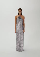 Silver Sequin Halter Gown