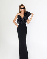 Black Velvet One-Shoulder Oversized Ruffle Gown