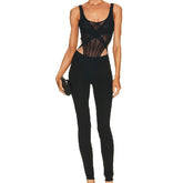Black Sheer Mesh Corset-Style Skinny Jumpsuit with Cutout Sides