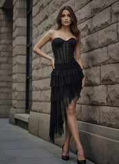 Luxury Black Strapless Corset Dress with Asymmetric Ruffle Skirt
