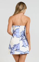 Blue floral strapless A-line mini dress