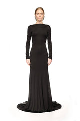 Black Long-Sleeve Deep V Back Mermaid Gown