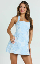 Jacquard Halter Fit And Flare Dress in Blue