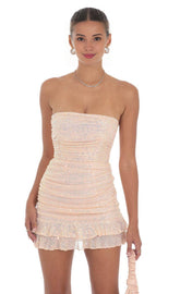 Pleated sequined peach pink skirt, a sweet yet edgy short skirt