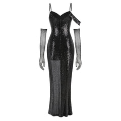 Black Sequin Cold-Shoulder Gown with Fishnet Gloves