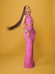 Luxury Hot Pink Rhinestone Halter Neck Cutout Evening Gown