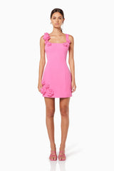 Pink 3D floral square-neck mini dress