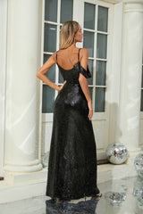 Black Sequin Cold-Shoulder Gown with Fishnet Gloves