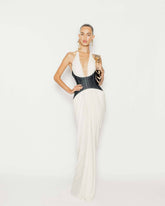 White Halter Deep V Denim Corset Draped Maxi Gown