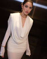 White Draped Cowl-Neck Mermaid Gown