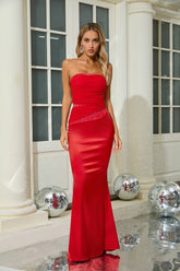 Crimson Satin Strapless Gown