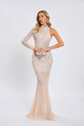 One-Shoulder High-Neck Sequin Mermaid Gown