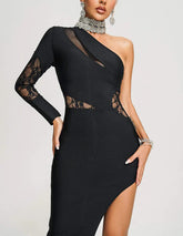 Black One-Shoulder Lace Midi Dress