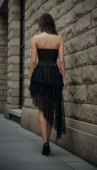 Luxury Black Strapless Corset Dress with Asymmetric Ruffle Skirt