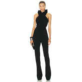 Luxury Black Hooded Halter Backless Wide-Leg Jumpsuit