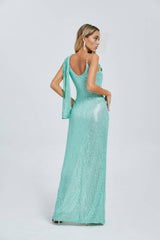 Mint Green Sequin Cowl-Neck Gown