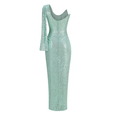 Mint Green Sequin Cowl-Neck Gown