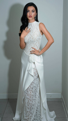 White Lace High-Neck Satin-Accent Evening Gown
