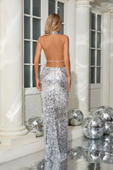 Silver Sequin Halter Gown
