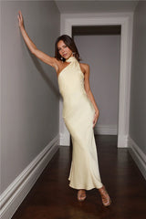 Bright yellow satin long dress, a show-stopping dress for parties.
