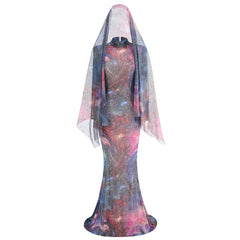 Cosmic Print Long-Sleeve Gown with Tulle Veil