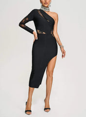 Black One-Shoulder Lace Midi Dress