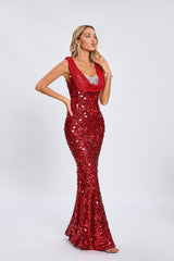 Crimson Sequin Cowl-Neck Gown