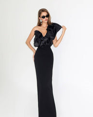 Black Velvet One-Shoulder Oversized Ruffle Gown