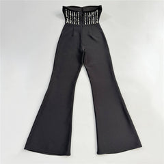 Black Pearl-Embellished Strapless Bustier & Flared Wide-Leg Pants Set