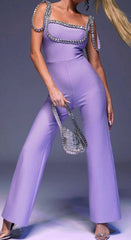 Crystal-Embellished Square Neck Wide-Leg Jumpsuit (Black & Purple)