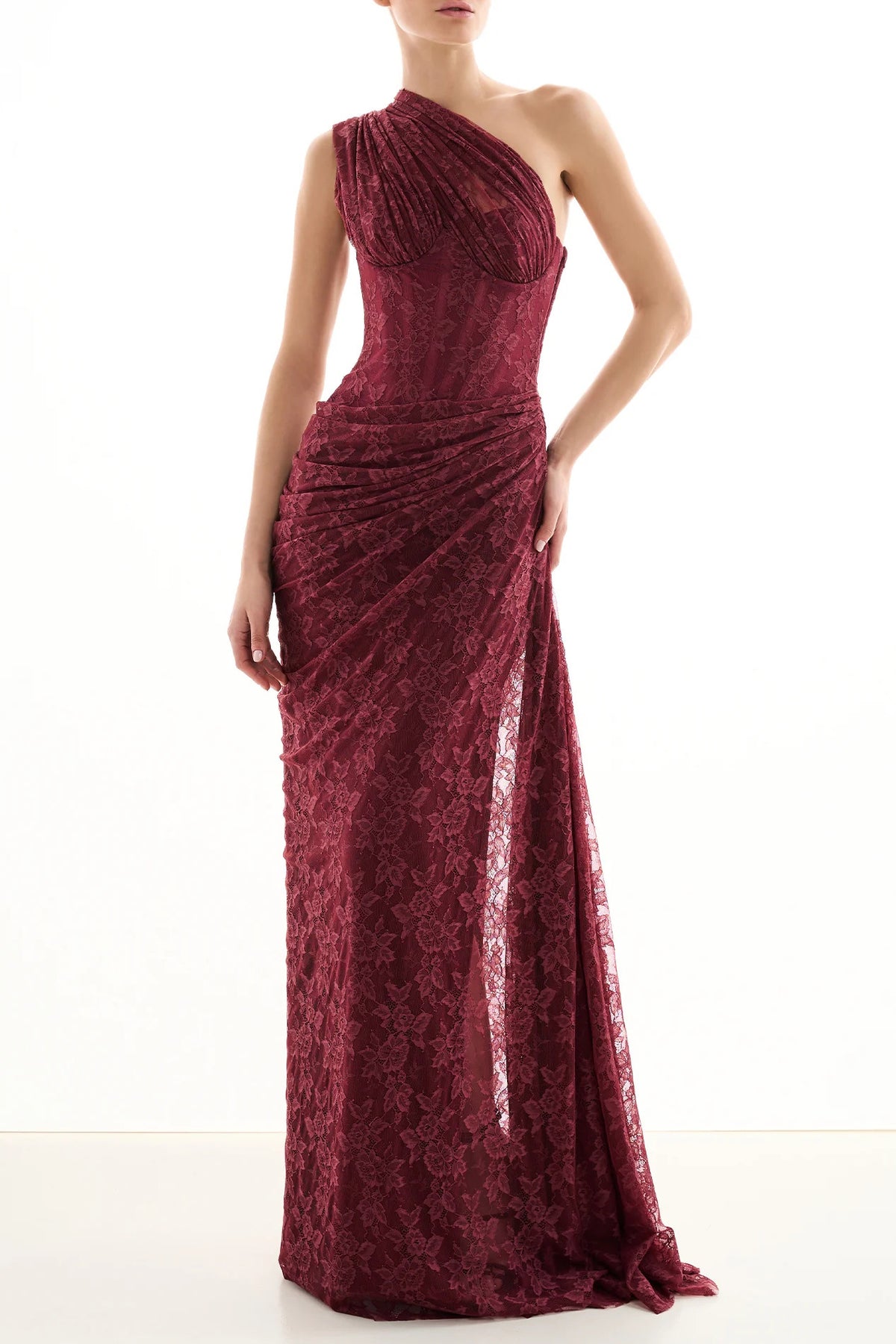 Burgundy One-Shoulder Lace Evening Gown
