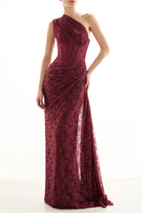 Burgundy One-Shoulder Lace Evening Gown
