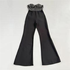 Black Pearl-Embellished Strapless Bustier & Flared Wide-Leg Pants Set