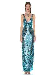 Aquamarine Sequin V-Neck Backless Maxi Gown