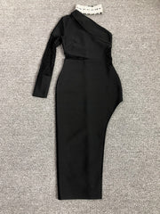 Black One-Shoulder Lace Midi Dress