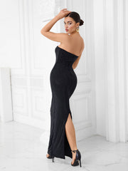 Black Strapless All-Over Rhinestone Gown