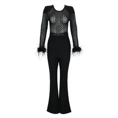 Black Lace Sequin Jumpsuit with Feather Cuffs & Wide-Leg Pants