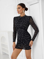 Luxury Crystal Embellished High Neck Ruched Mini Cocktail Dress