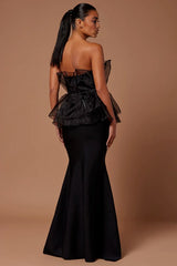 Black Strapless Tulle Ruffle Peplum Mermaid Gown