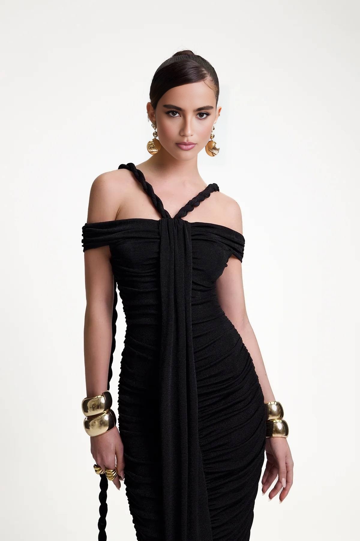 Black & White Off-Shoulder Braided Gowns