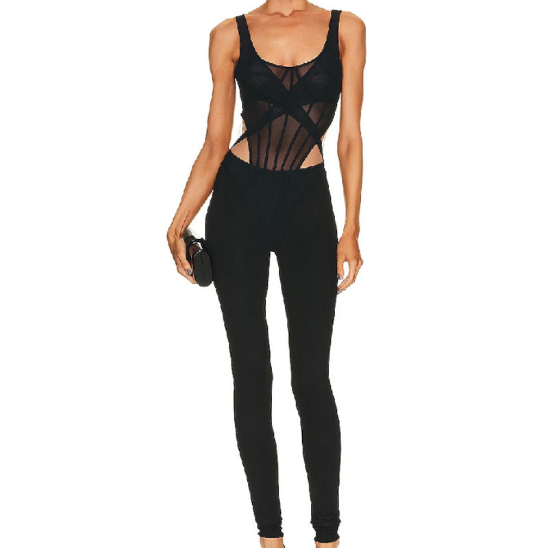 Black Sheer Mesh Corset-Style Skinny Jumpsuit with Cutout Sides