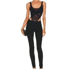 Black Sheer Mesh Corset-Style Skinny Jumpsuit with Cutout Sides