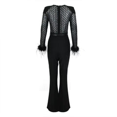 Black Lace Sequin Jumpsuit with Feather Cuffs & Wide-Leg Pants