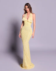 Yellow Halter Gown with Bow Detail & Beaded Sequin Embellishment
