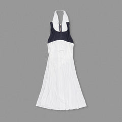 White Halter Deep V Denim Corset Draped Maxi Gown