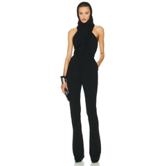 Luxury Black Hooded Halter Backless Wide-Leg Jumpsuit