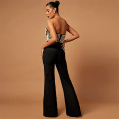 Black Pearl-Embellished Strapless Bustier & Flared Wide-Leg Pants Set